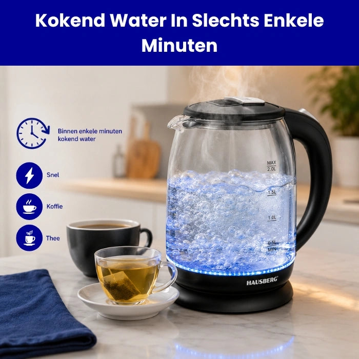 HAUSBERG HB-3616 Glazen Waterkoker 2L met LED & 360° Basis