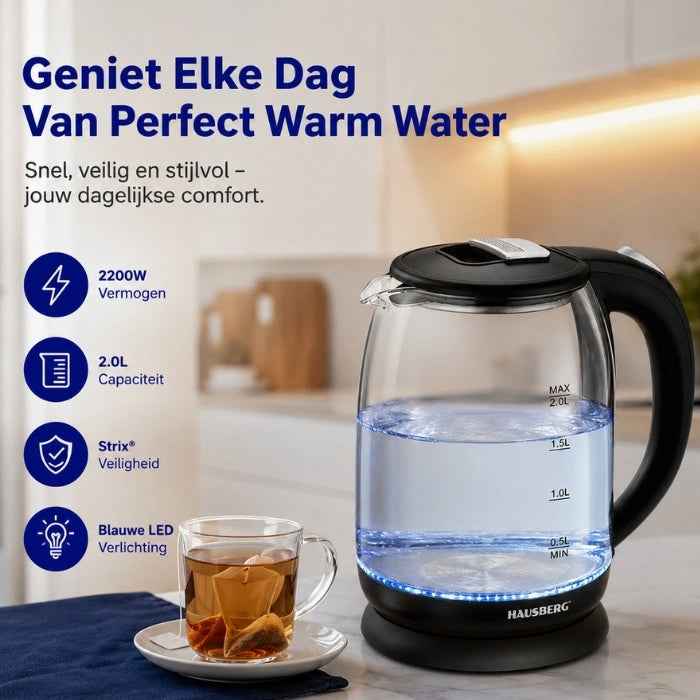 HAUSBERG HB-3616 Glazen Waterkoker 2L met LED & 360° Basis