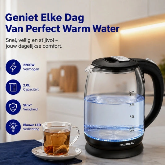 HAUSBERG HB-3616 Glazen Waterkoker 2L met LED & 360° Basis