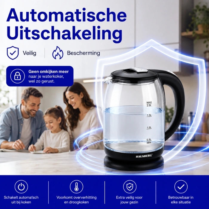 HAUSBERG HB-3616 Glazen Waterkoker 2L met LED & 360° Basis