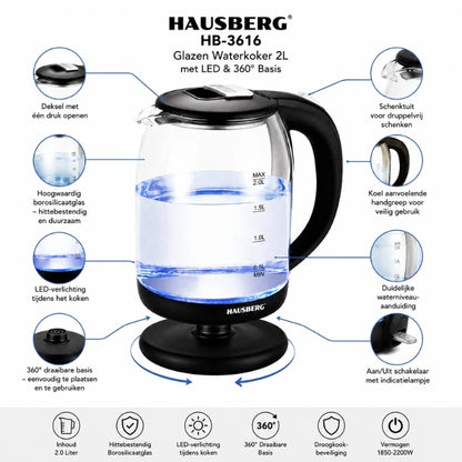 HAUSBERG HB-3616 Glazen Waterkoker 2L met LED & 360° Basis