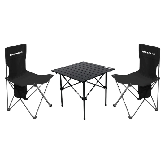 HAUSBERG HB-G 001 Camping Set met Opvouwbare Tafel & 2 Stoelen Zwart